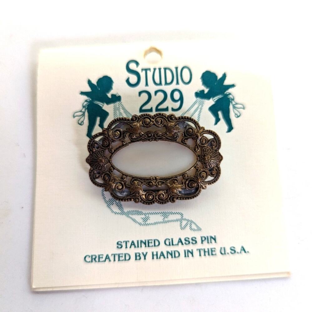 Vintage Artisan Hand Made Studio 229 Bronze Filigree Stained Glass Brooch NWT